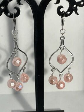 Delicate Pink Bead Dangle Earrings - Silver Tone